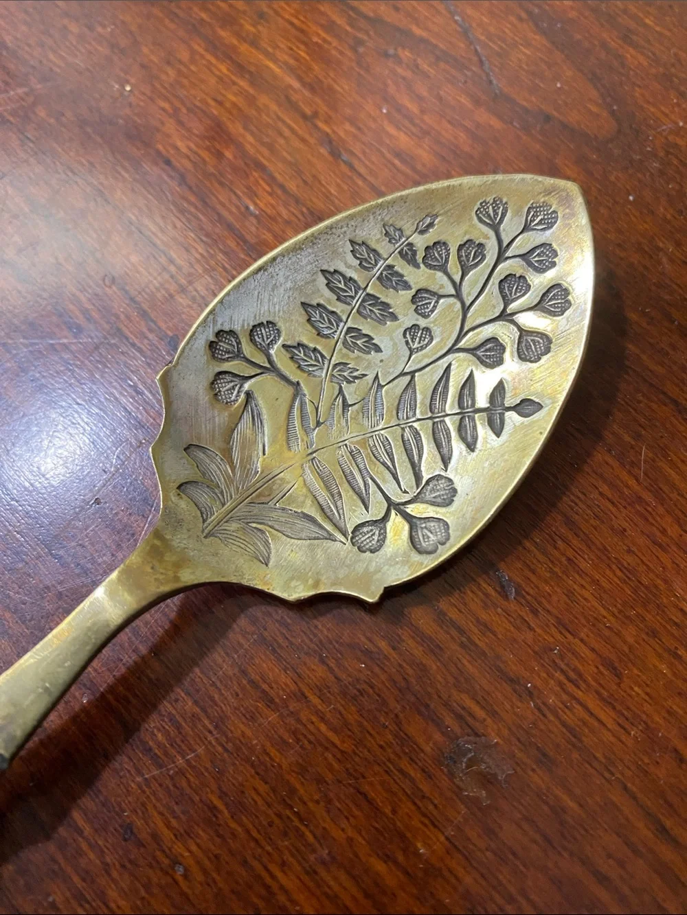 Vintage Brass Jam Spoon, Etched Botanical Design &Horn Handle